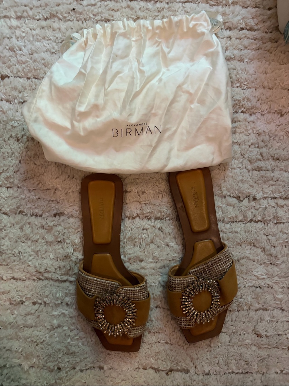 Alexandre Birman Tan Leather Slide Sandals with Crystal Motif, runs small